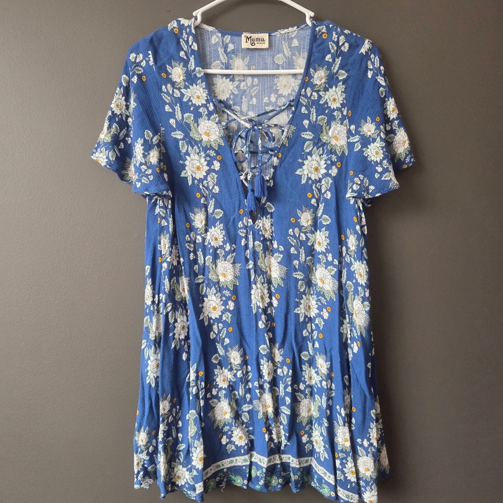 Show Me Your Mumu Blue Floral Daisy Lace Up Tassel Mini Dress Medium Boho Summer